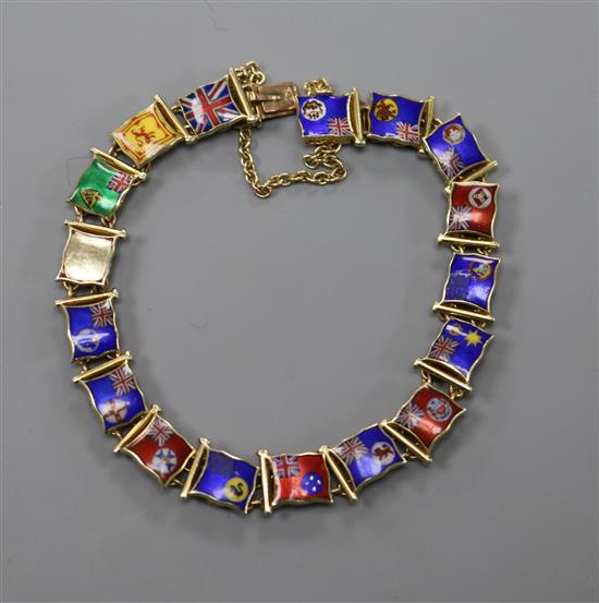 An early 20th century 9ct gold and enamel bracelet, decorated with flags of different countries and colonies of the British Empire,